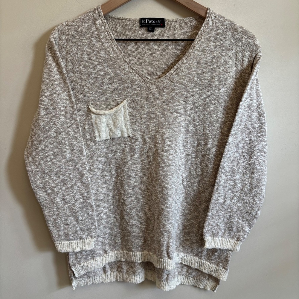 Putorti Womens V-Neck Marled Knit Sweater Tan White 3/4 Sleeve Pocket Large